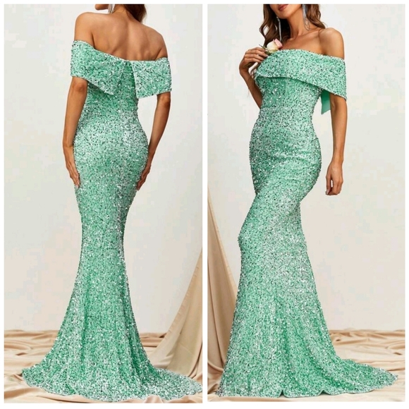 Dresses & Skirts - Luxe Sequin Velvet Off Shoulder Dress Mermaid Maxi Light Green